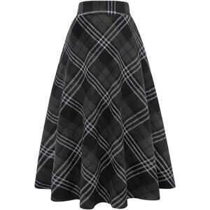 Womens Long Dark Grey Elastic Waist A-Line Pleated Tartan Long Plaid Wool Skirts